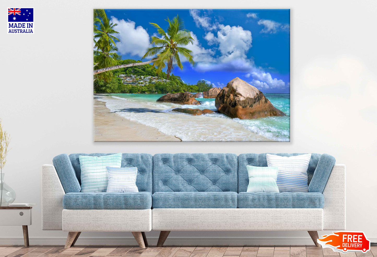 Rocks on Sandy Beach & Palm Trees View Photograph Print 100% Australian Made