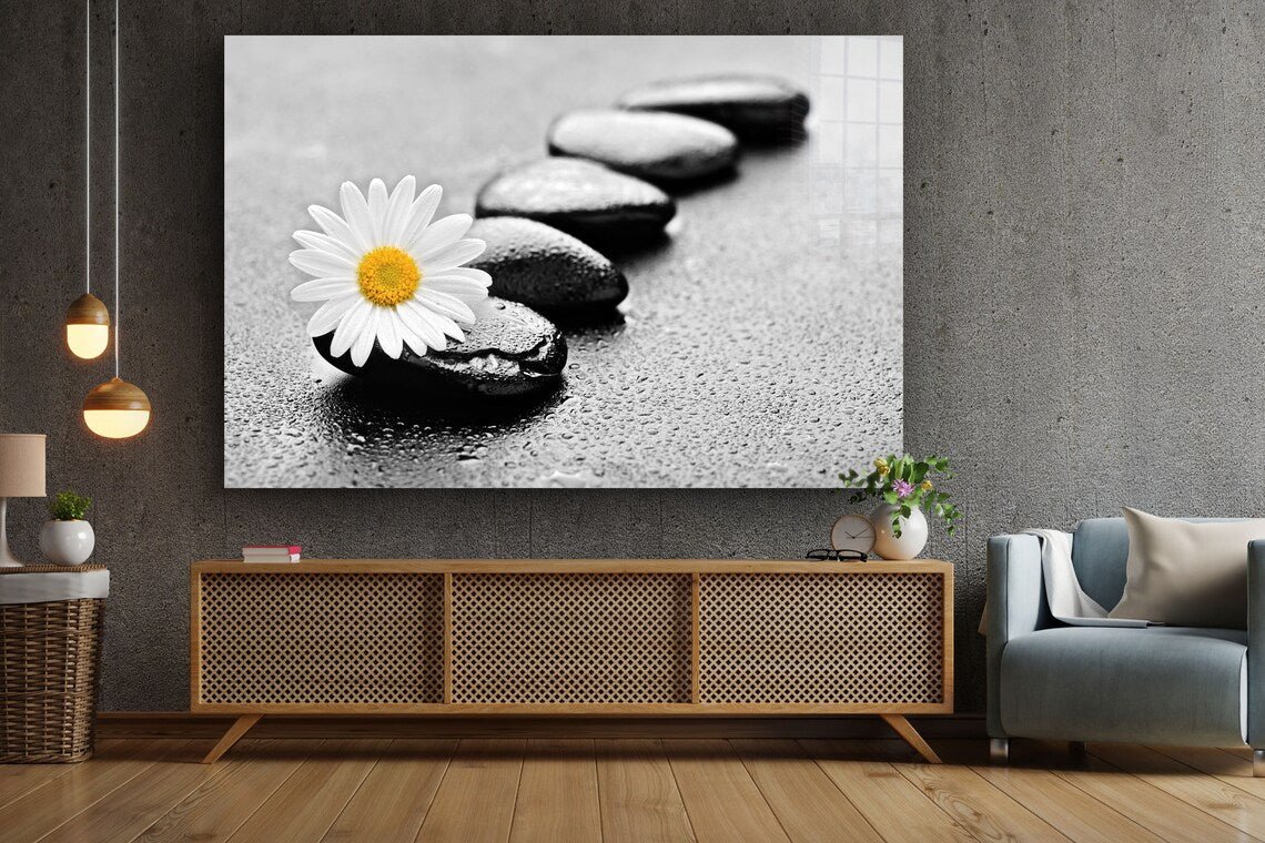 White Daisy & Stone Print Tempered Glass Wall Art 100% Made in Australia Ready to Hang