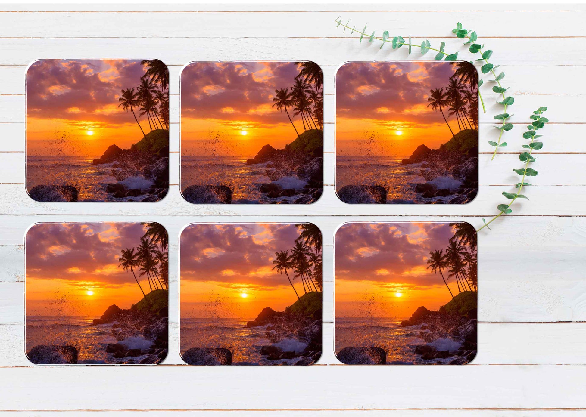 Sunset Beach With Palm Trees & Rocks Coasters Wood & Rubber - Set of 6 Coasters