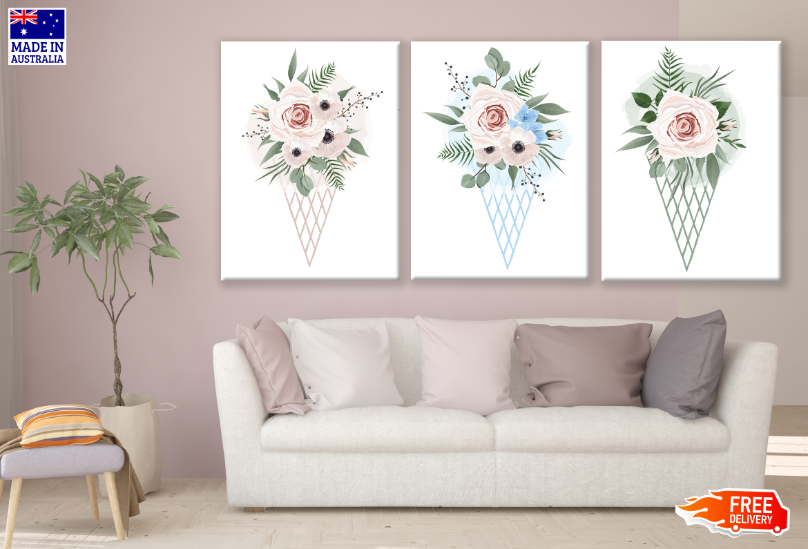 3 Set of Flower Bouquets High Quality print 100% Australian made wall Canvas ready to hang