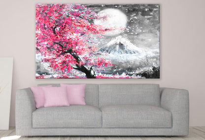 Snow Cherry Blossom Mountain View Painting Print 100% Australian Made