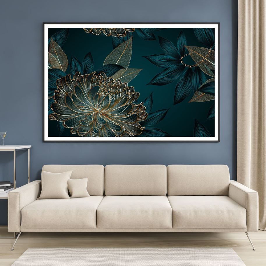 Blue & Gold Abstract Flowers Home Decor Premium Quality Poster Print Choose Your Sizes