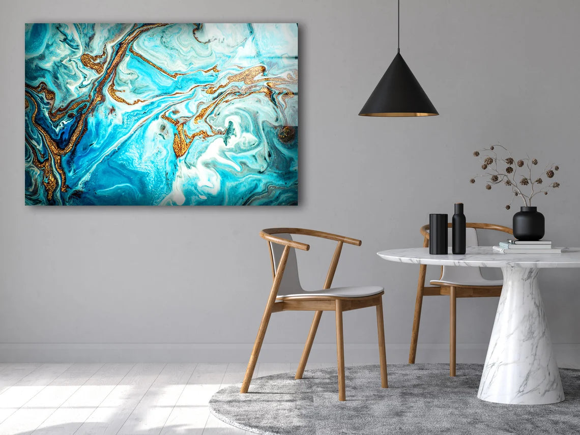 Blue Gold & Black Abstract Marble Design Acrylic Glass Print Tempered Glass Wall Art 100% Made in Australia Ready to Hang