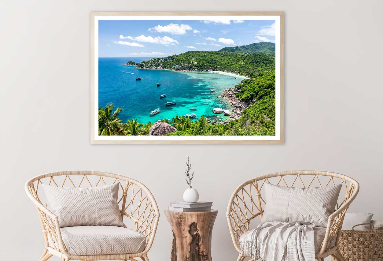 Boats on Island Sea & Forest View Photograph Home Decor Premium Quality Poster Print Choose Your Sizes