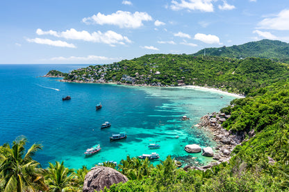 Boats on Island Sea & Forest View Photograph Home Decor Premium Quality Poster Print Choose Your Sizes