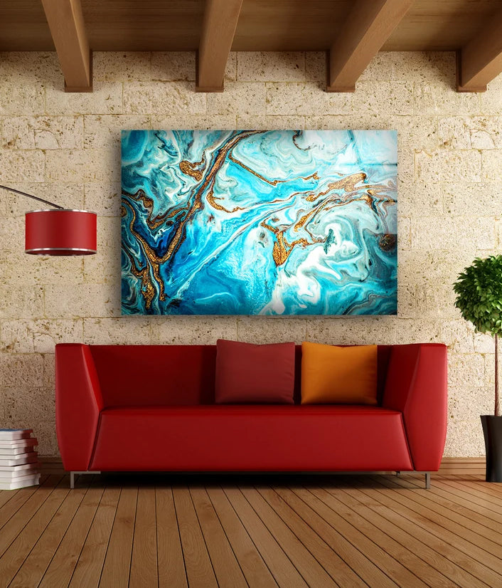 Blue Gold & Black Abstract Marble Design Acrylic Glass Print Tempered Glass Wall Art 100% Made in Australia Ready to Hang