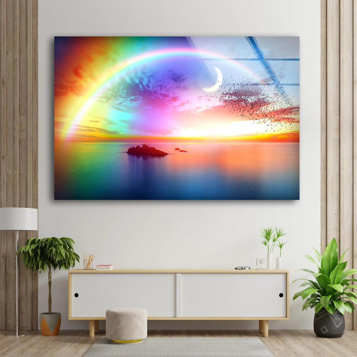 Birds Flying Over Lake & Rainbow View Acrylic Glass Print Tempered Glass Wall Art 100% Made in Australia Ready to Hang