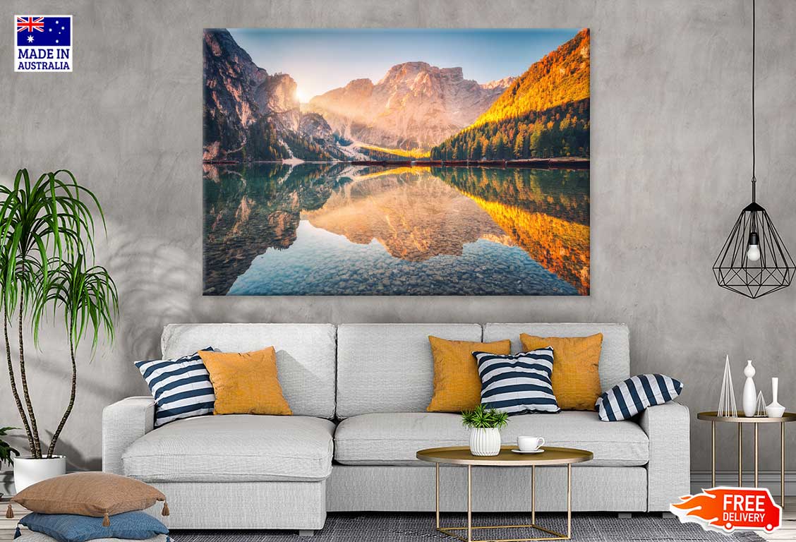 Braies Lake at Sunrise in Autumn View Photograph Print 100% Australian Made