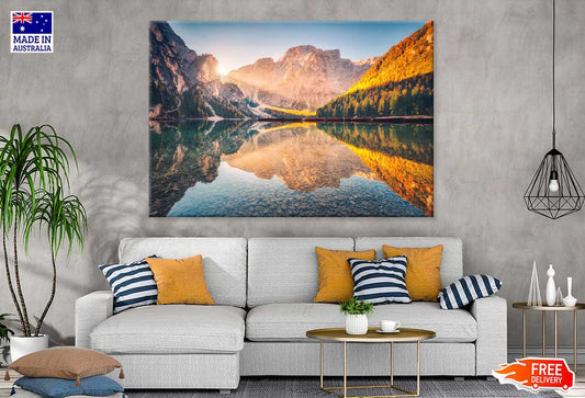Braies Lake at Sunrise in Autumn View Photograph Print 100% Australian Made