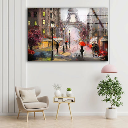 Eiffel Tower & People Walking in Street Oil Painting Acrylic Glass Print Tempered Glass Wall Art 100% Made in Australia Ready to Hang