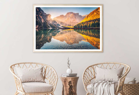 Braies Lake at Sunrise in Autumn Scenery Photograph Home Decor Premium Quality Poster Print Choose Your Sizes