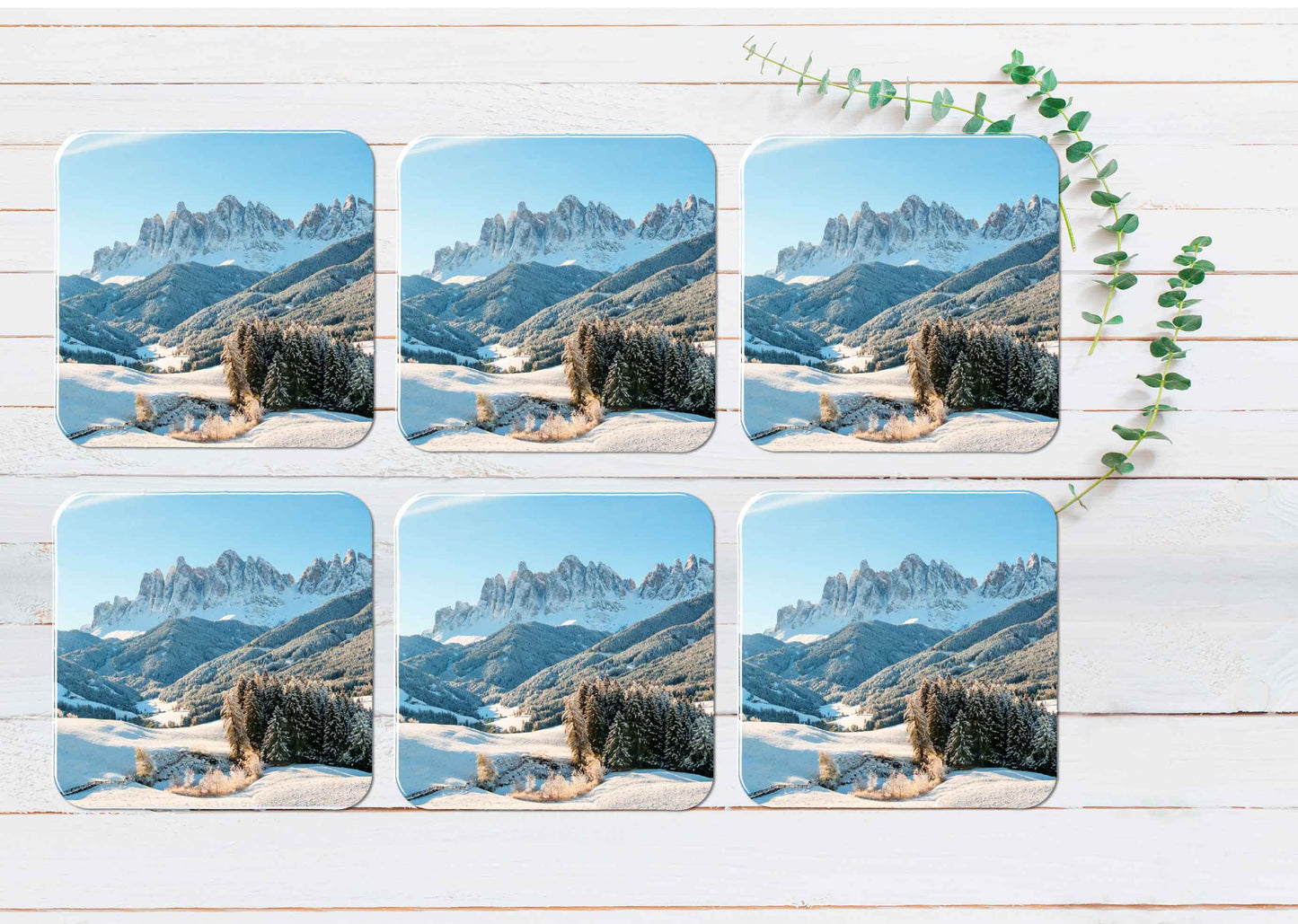 Winter Snow With Dolomites Mountain Coasters Wood & Rubber - Set of 6 Coasters