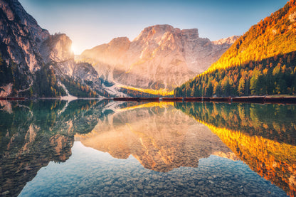 Braies Lake at Sunrise in Autumn Scenery Photograph Home Decor Premium Quality Poster Print Choose Your Sizes