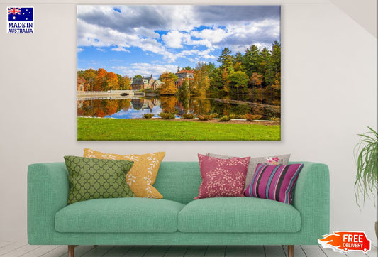 Bridge Autumn Reflection Fall Buildings Lake Print 100% Australian Made