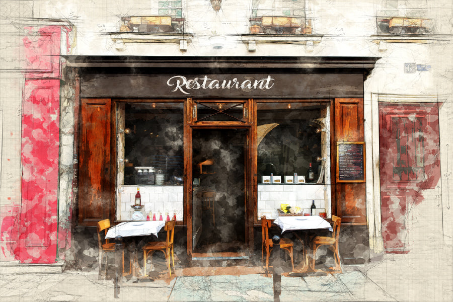 Bella Home Restaurant Facade In A Parisian Street Print Canvas Ready to hang