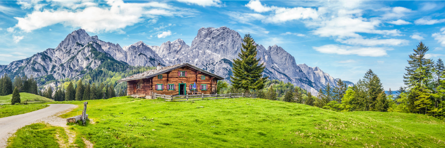 Panoramic Canvas Mountain Chalet & Wooden House in Garden High Quality 100% Australian Made Wall Canvas Print Ready to Hang