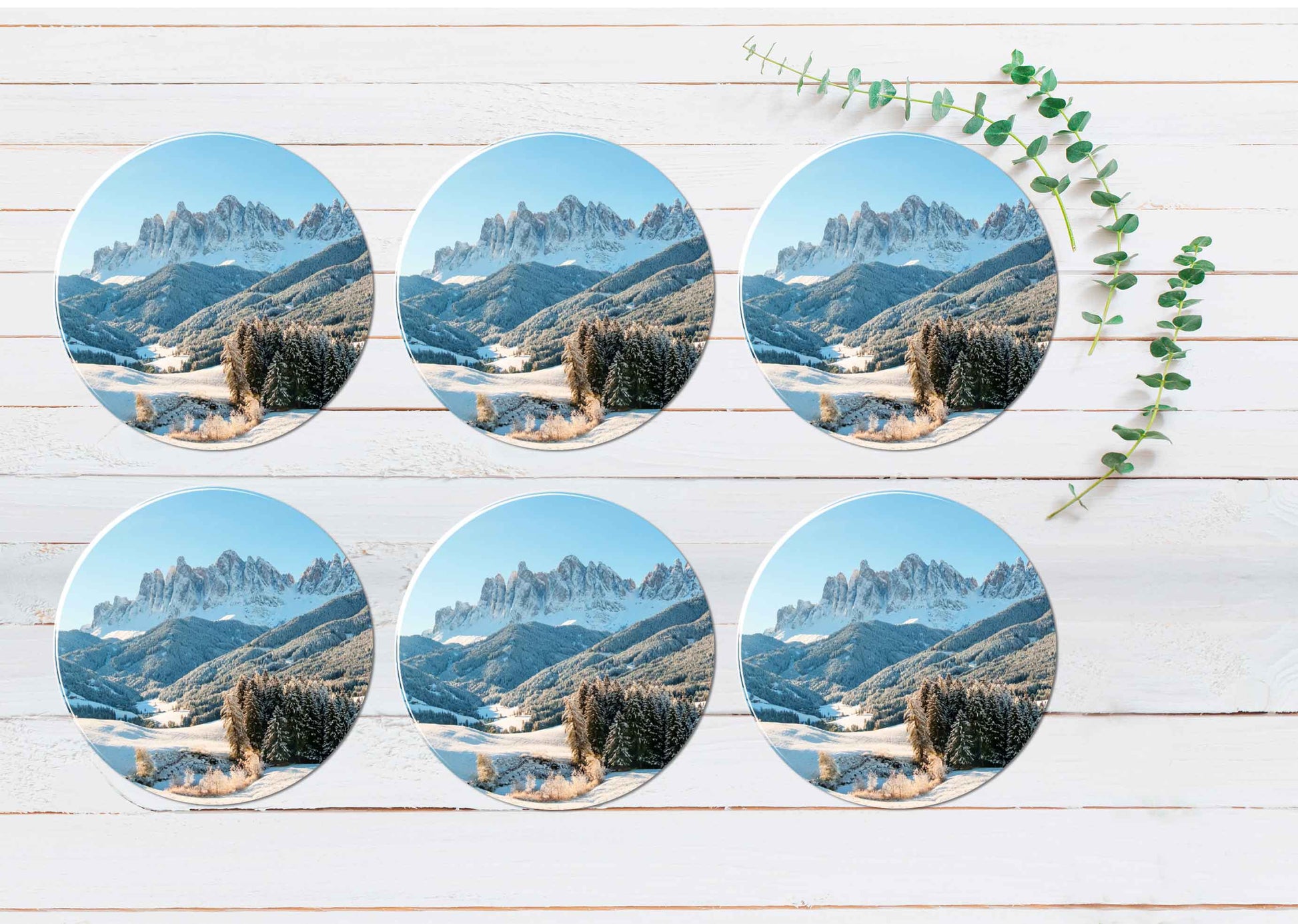 Winter Snow With Dolomites Mountain Coasters Wood & Rubber - Set of 6 Coasters