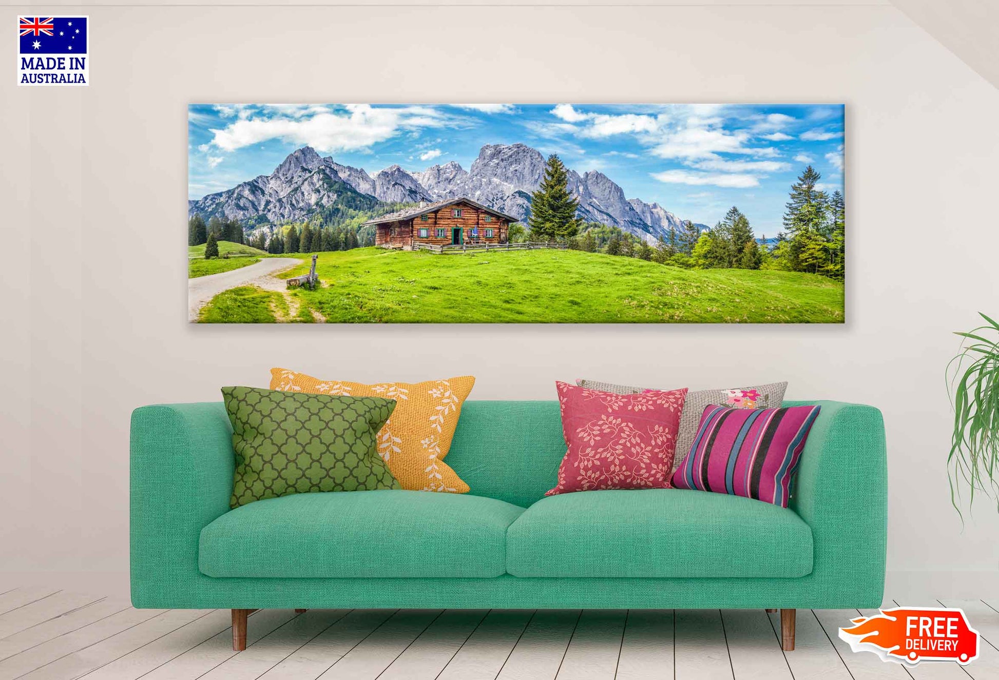 Panoramic Canvas Mountain Chalet & Wooden House in Garden High Quality 100% Australian Made Wall Canvas Print Ready to Hang