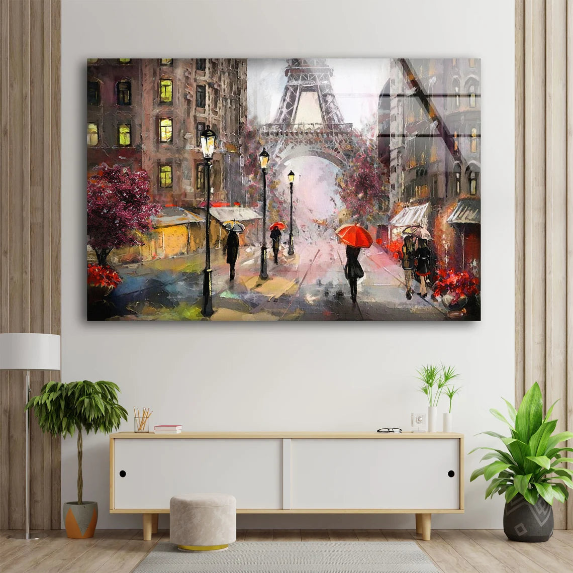 Eiffel Tower & People Walking in Street Oil Painting Acrylic Glass Print Tempered Glass Wall Art 100% Made in Australia Ready to Hang