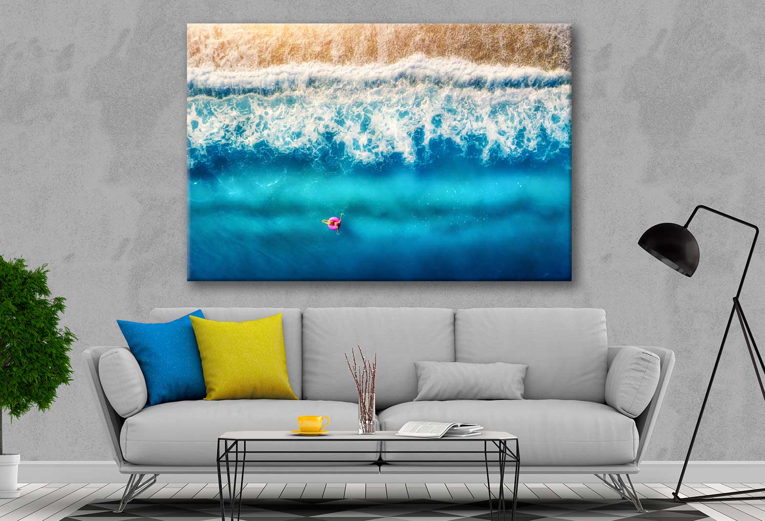 Bella Home Girl on Swim Ring Sea Aerial View Print Canvas Ready to hang