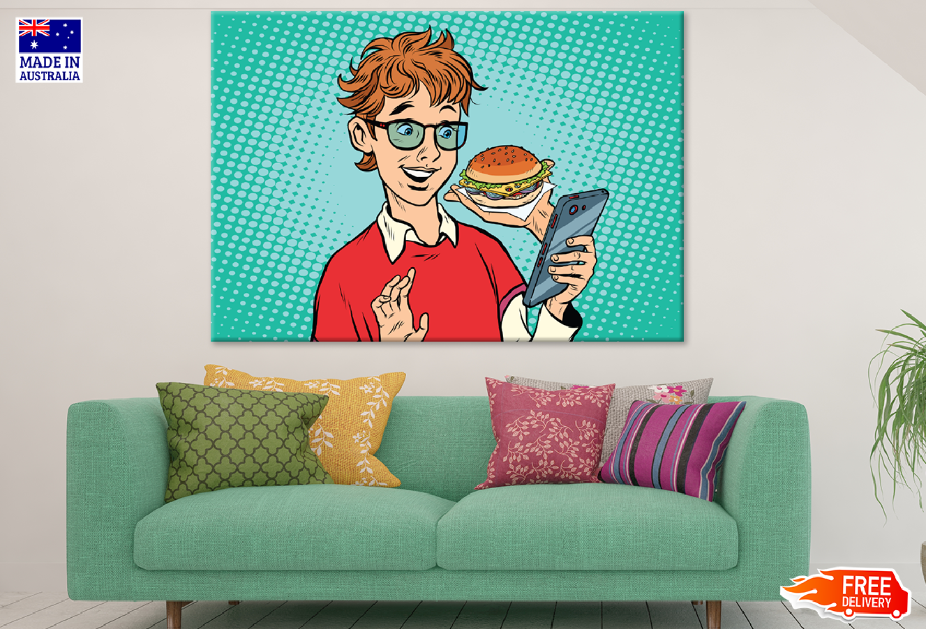 Man Holding Mobile & Burger Illustration Print 100% Australian Made