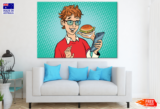 Man Holding Mobile & Burger Illustration Print 100% Australian Made