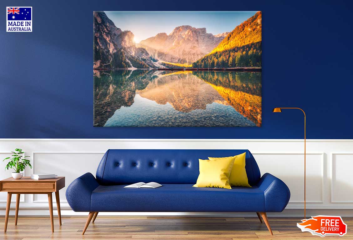 Braies Lake at Sunrise in Autumn View Photograph Print 100% Australian Made