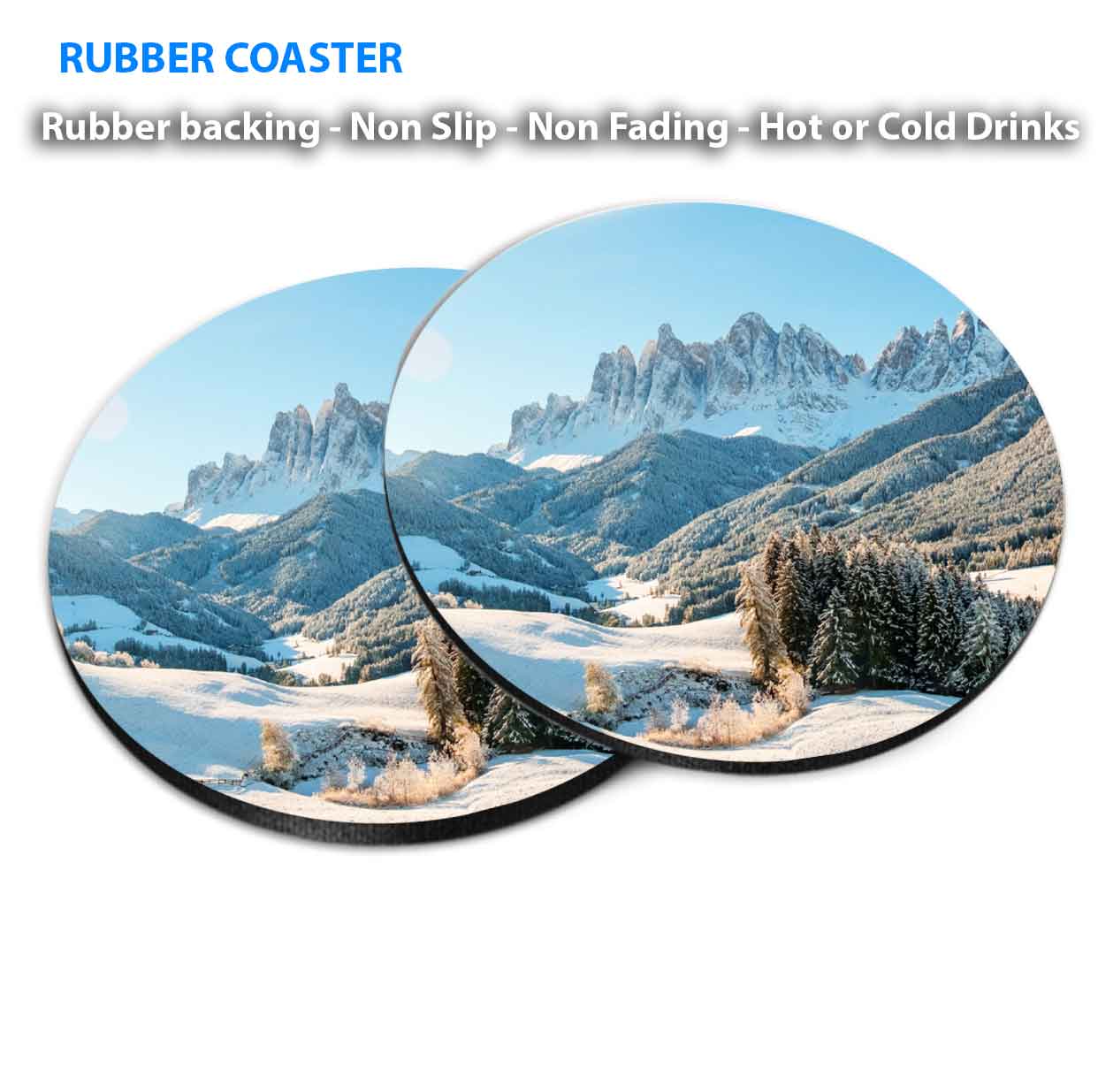 Winter Snow With Dolomites Mountain Coasters Wood & Rubber - Set of 6 Coasters