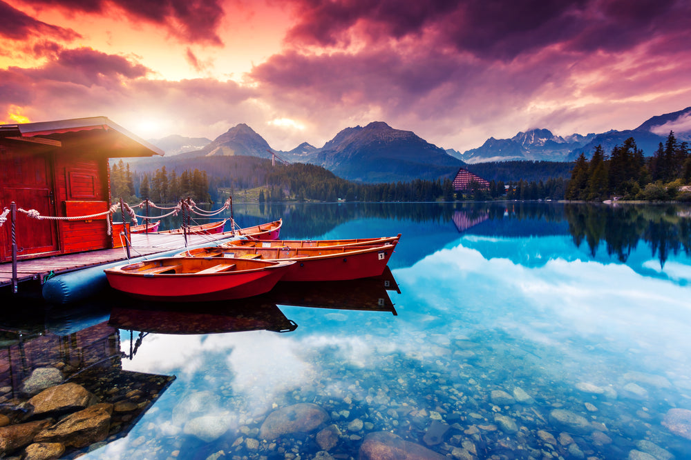Peaceful Mountain Lake & Boat Scenery Photograph Print 100% Australian Made