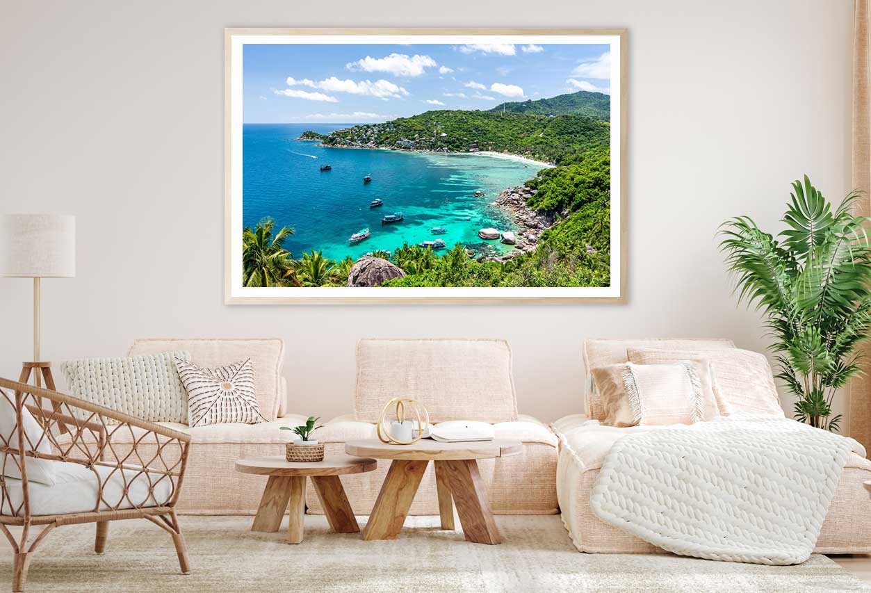 Boats on Island Sea & Forest View Photograph Home Decor Premium Quality Poster Print Choose Your Sizes