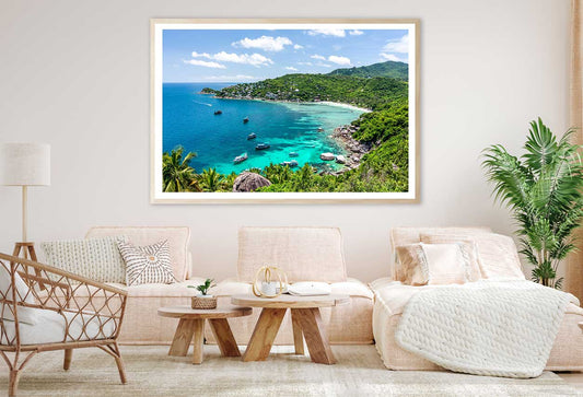 Boats on Island Sea & Forest View Photograph Home Decor Premium Quality Poster Print Choose Your Sizes