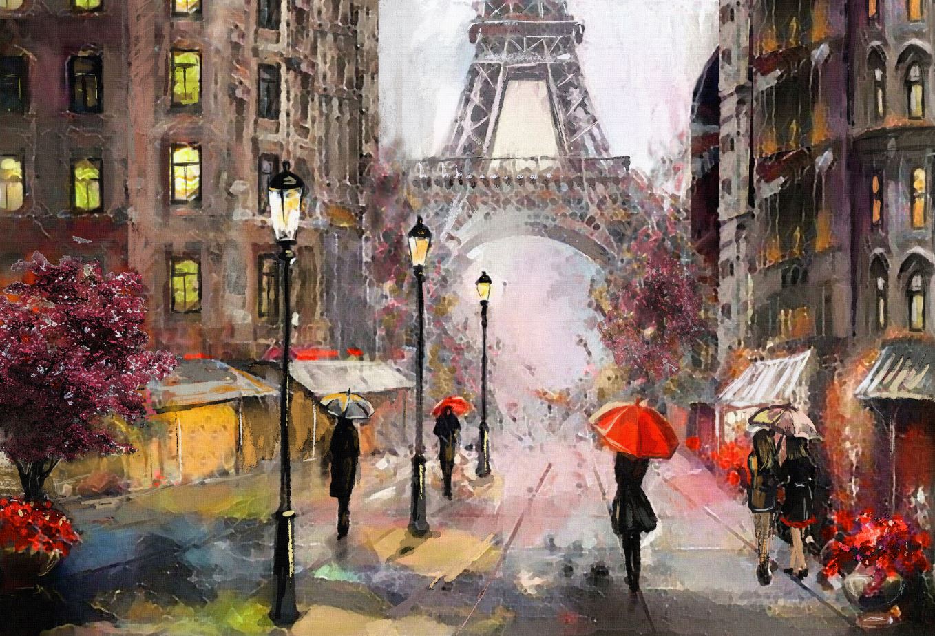 People Walking in Street Eiffel Tower Painting Print 100% Australian Made