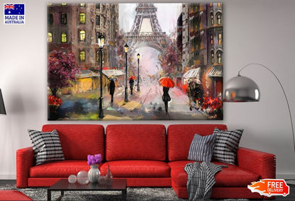 People Walking in Street Eiffel Tower Painting Print 100% Australian Made