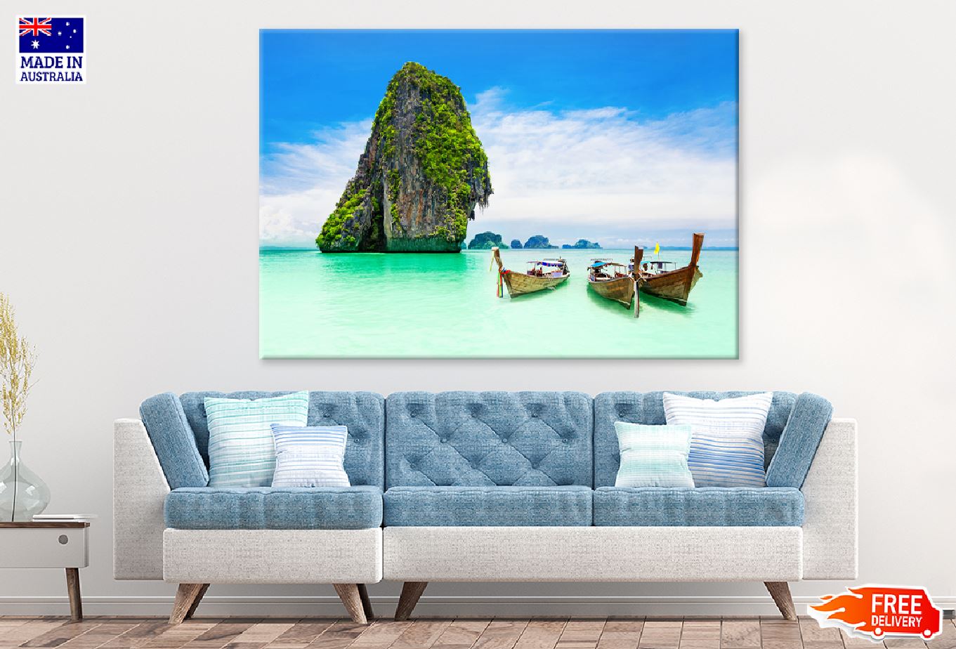 Boats on Limestone Rock Ocean Sea Photograph Print 100% Australian Made