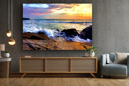 Seasplash on Rocks Sky Print Tempered Glass Wall Art 100% Made in Australia Ready to Hang