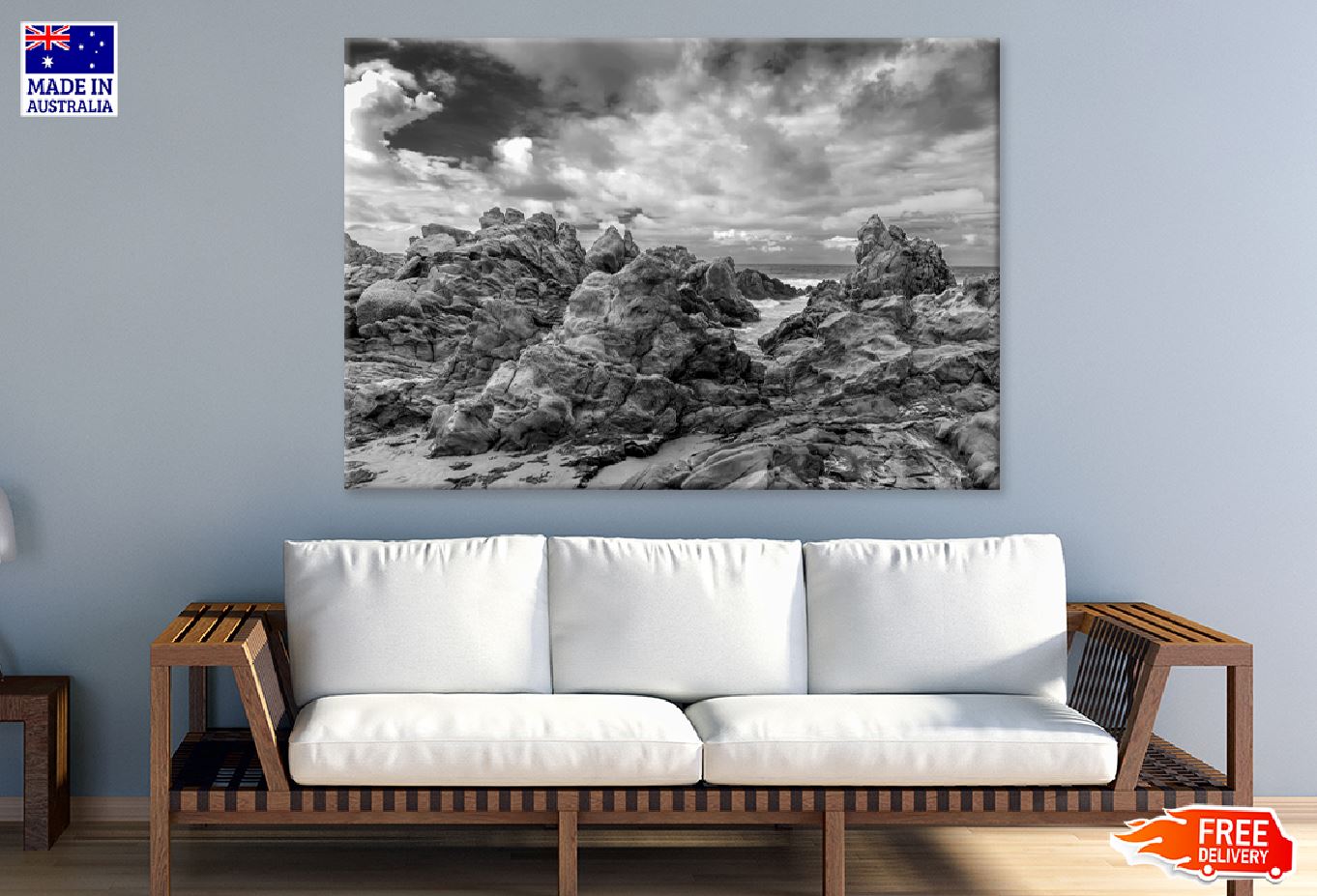 Rocky Coastal Beach B&W Scenery View Print 100% Australian Made