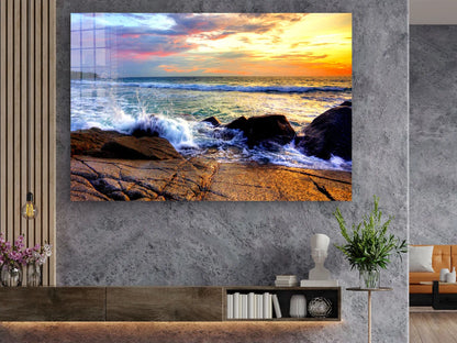 Seasplash on Rocks Sky Print Tempered Glass Wall Art 100% Made in Australia Ready to Hang