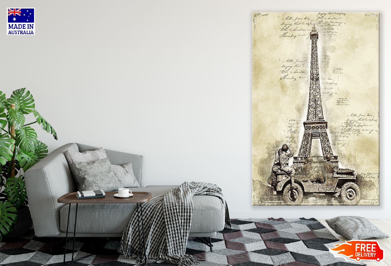 Eiffel Tower & Military Jeep On Vintage Paper Print 100% Australian Made