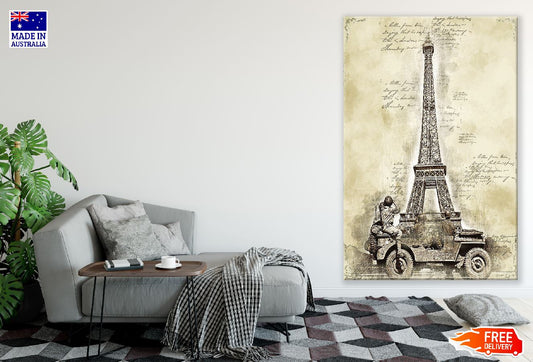 Eiffel Tower & Military Jeep On Vintage Paper Print 100% Australian Made