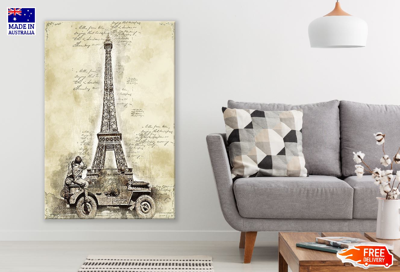 Eiffel Tower & Military Jeep On Vintage Paper Print 100% Australian Made