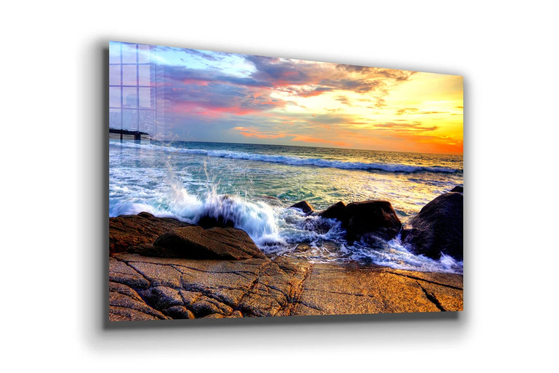 Seasplash on Rocks Sky Print Tempered Glass Wall Art 100% Made in Australia Ready to Hang