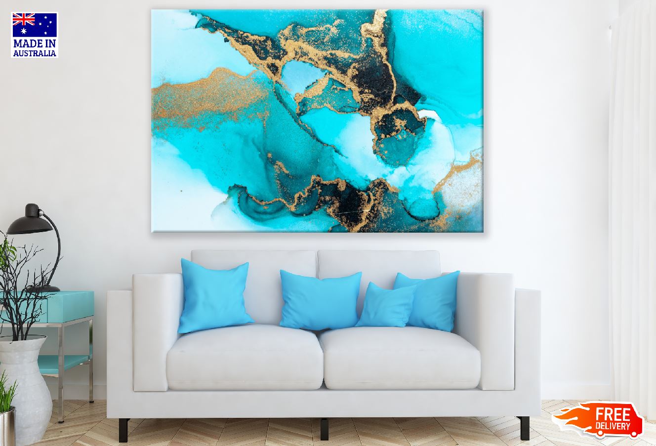 White Blue & Gold Abstract Design Print 100% Australian Made
