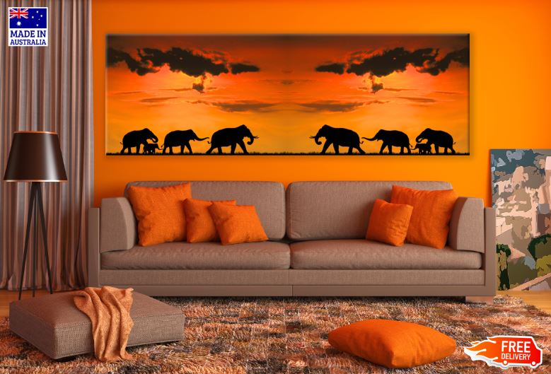 Panoramic Canvas Elephants Walking at Sunset Photograph High Quality 100% Australian Made Wall Canvas Print Ready to Hang