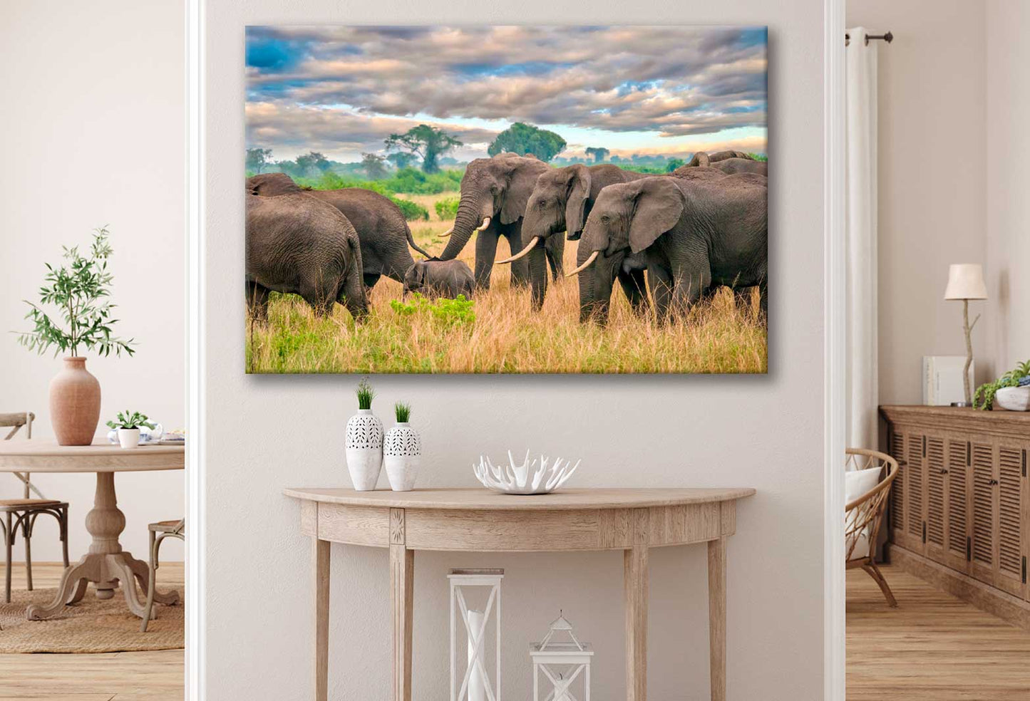 Bella Home Group of Elephants on Grass Field Print Canvas Ready to hang