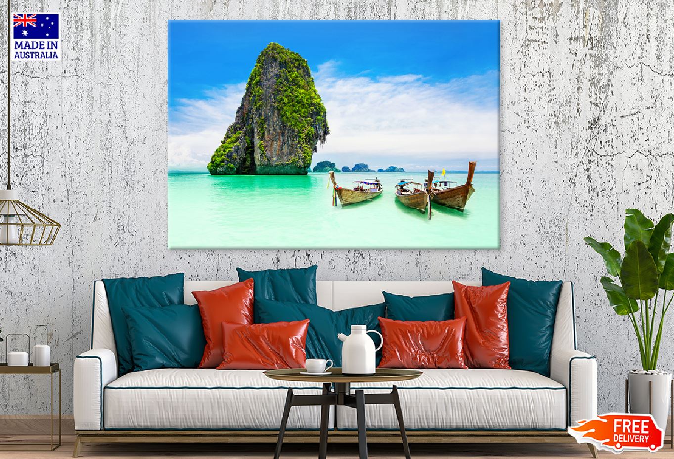 Boats on Limestone Rock Ocean Sea Photograph Print 100% Australian Made