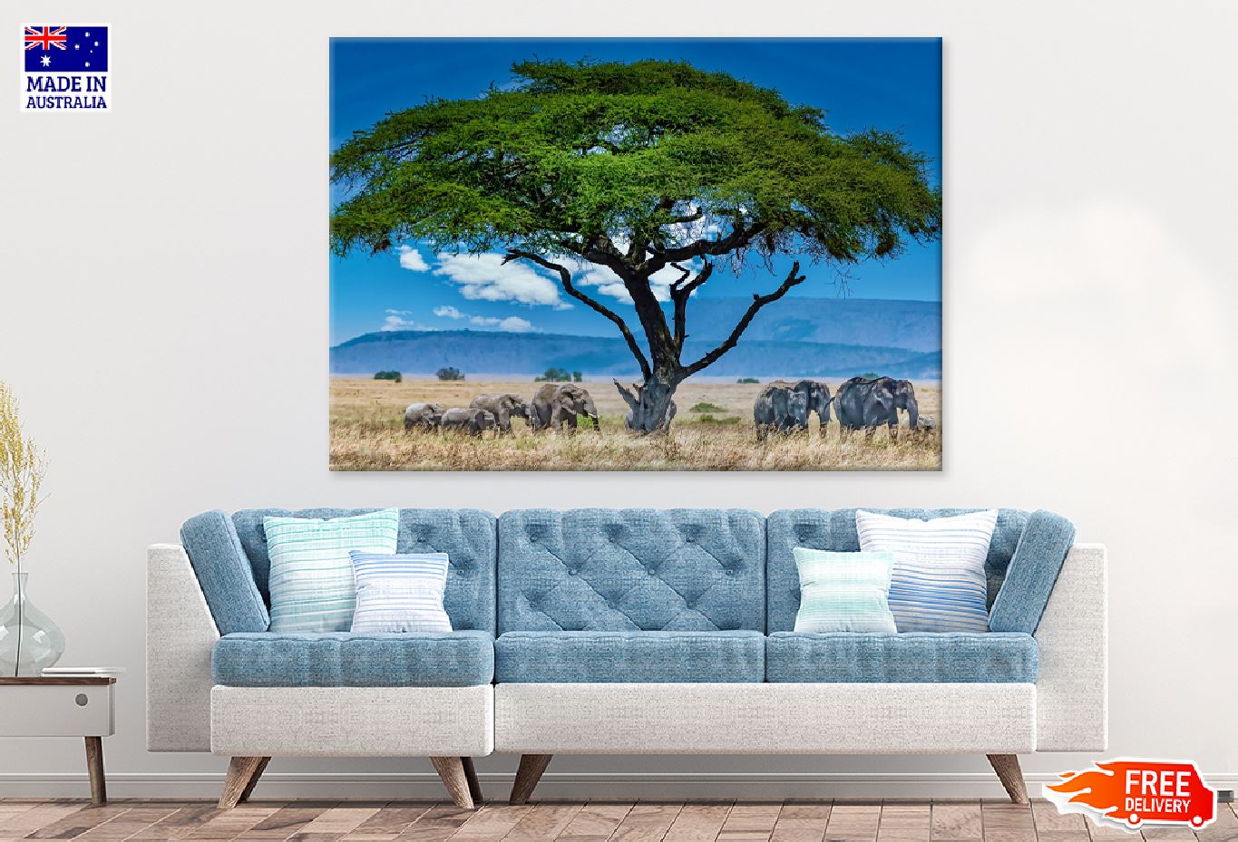 Group of Elephants Big Green Tree Photograph Print 100% Australian Made