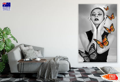 Fashion Woman with Butterflies B&W Digital Art Print 100% Australian Made