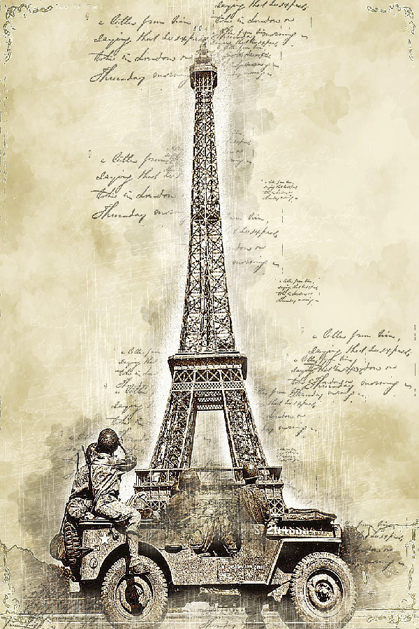 Eiffel Tower & Military Jeep On Vintage Paper Print 100% Australian Made