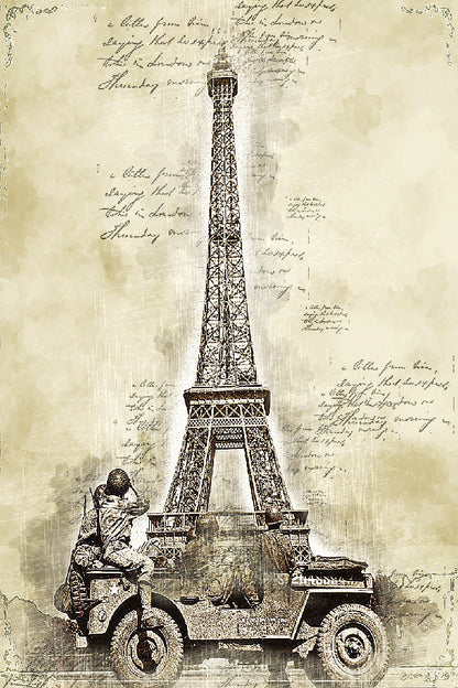 Eiffel Tower & Military Jeep On Vintage Paper Print 100% Australian Made