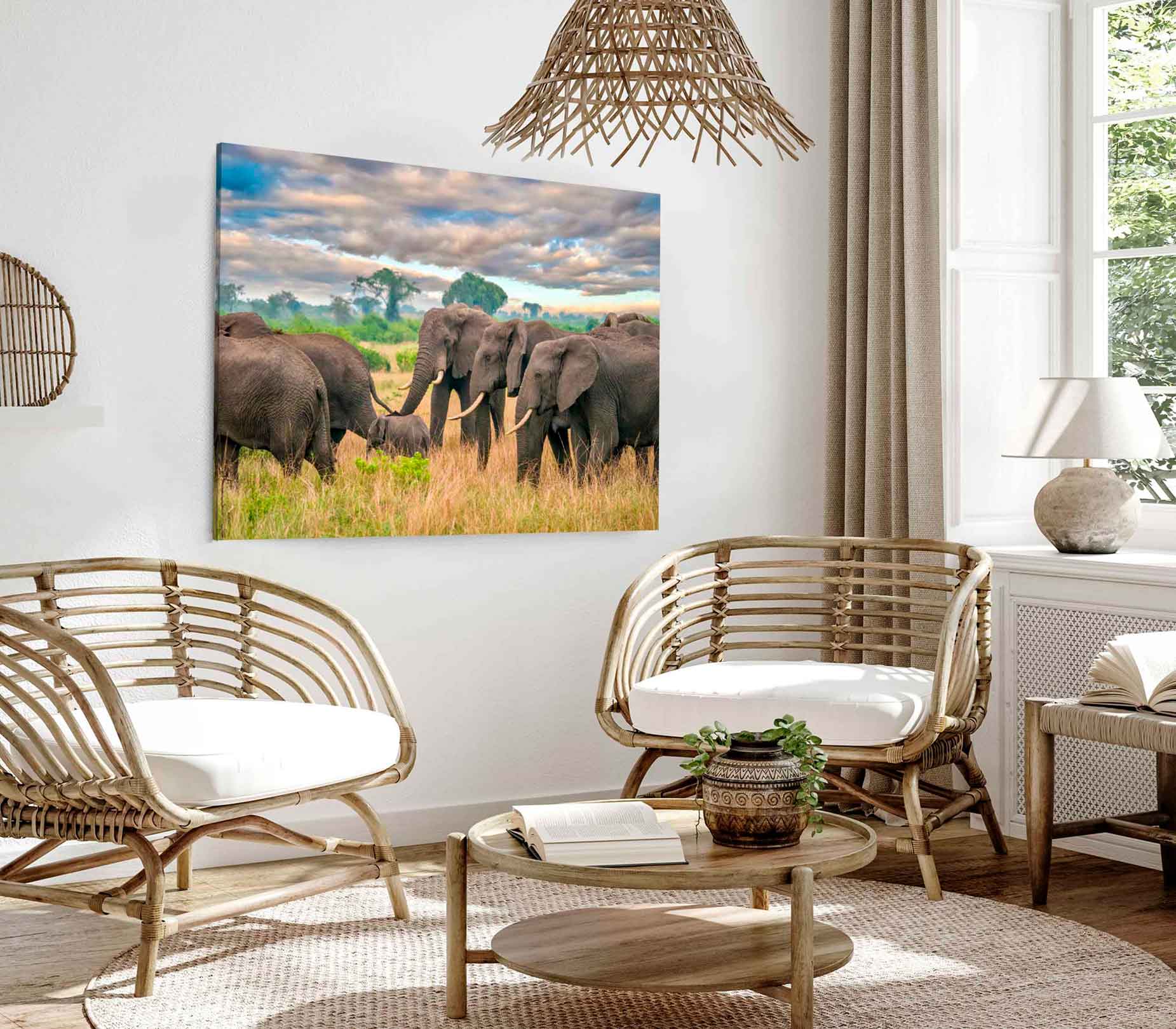 Bella Home Group of Elephants on Grass Field Print Canvas Ready to hang